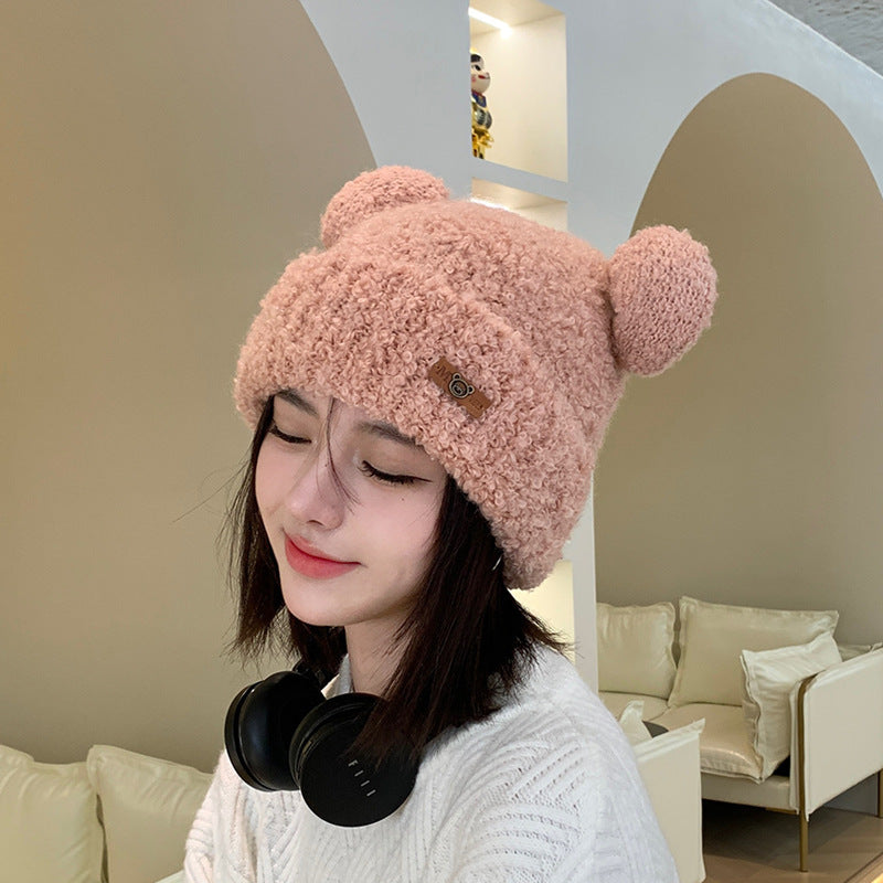 韩版秋冬新款可爱小熊毛绒盆帽护耳套头保暖针织毛线帽子